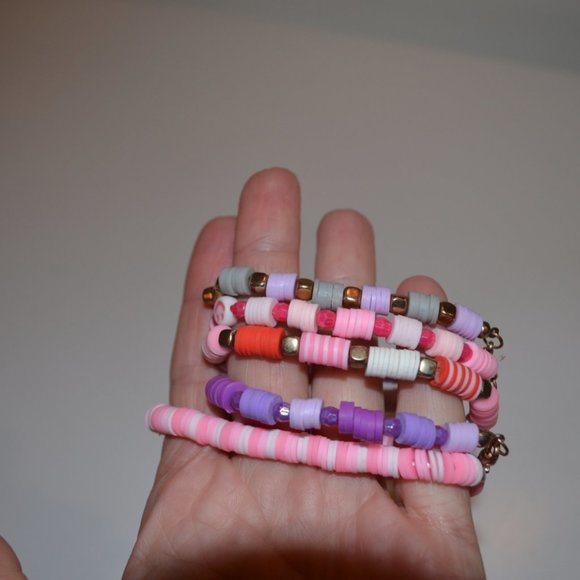 5 Bracelets  Handmade Clay Beads Colorful Elastic Fastener Kids Girls - Picture 2 of 4